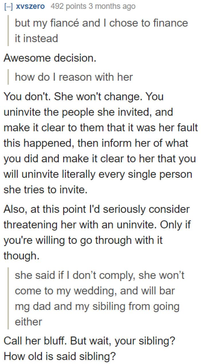 The reality is the OP simply can't reason with her mom. She has to go through the wedding without her immediate family members.