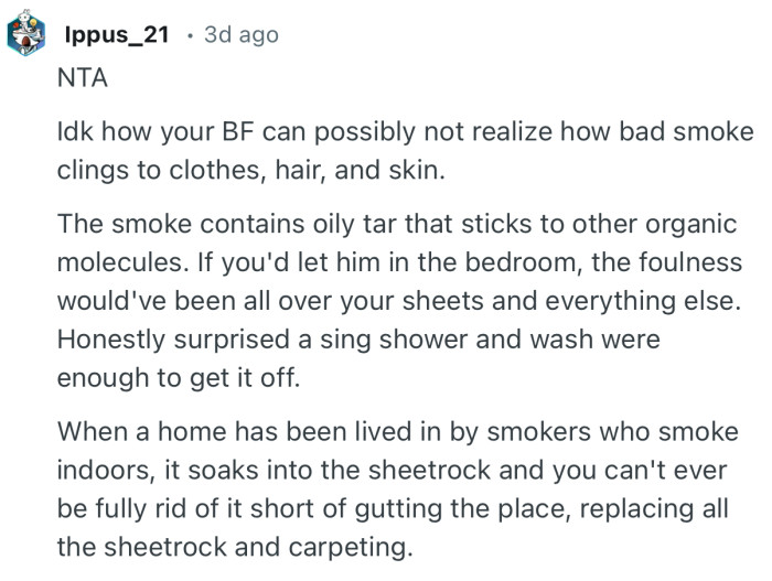 “NTA. Idk how your BF can possibly not realize how bad smoke clings to clothes, hair, and skin.”