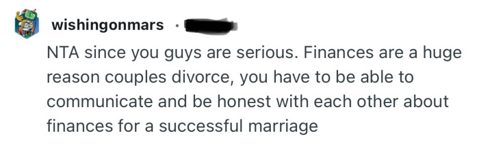 “You have to be able to communicate and be honest with each other about finances for a successful marriage…”