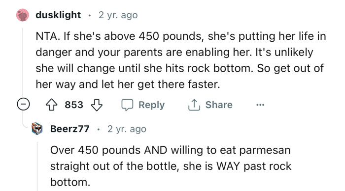 “If she's above 450 pounds, she's putting her life in danger, and your parents are enabling her.”