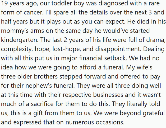 OP's toddler son was diagnosed with a rare form of cancer and tragically passed away on the same day he would have started kindergarten.