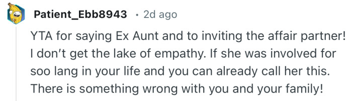 “YTA for saying Ex Aunt and to inviting the affair partner!”