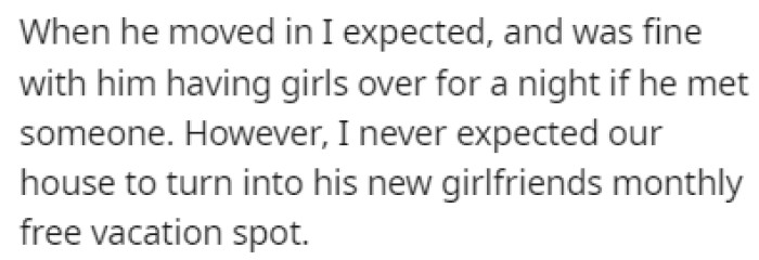 OP wouldn't mind the friend having girls over for a night, but they don't agree with the girlfriend's long visits