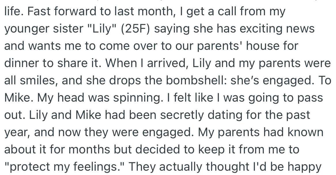 Recently, OP’s younger sister shared news of her engagement to Mike. Apparently, everyone, including her parents, knew of this relationship except her.