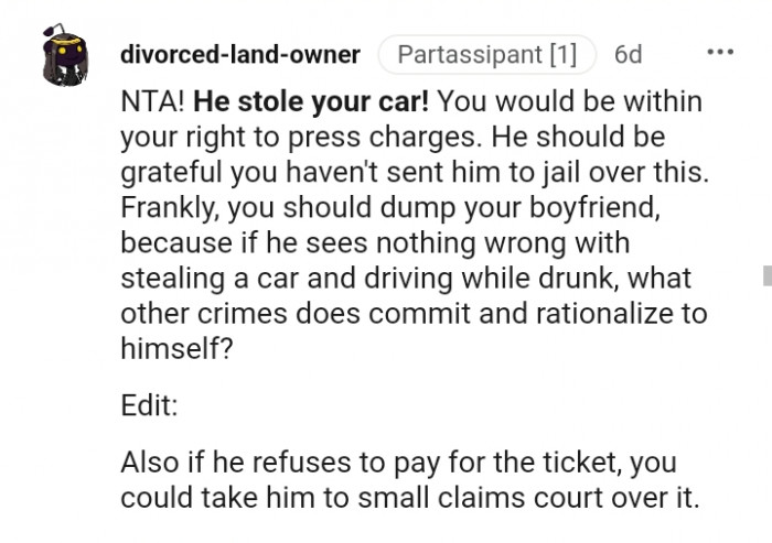 He sees nothing wrong with stealing a car and driving drunk