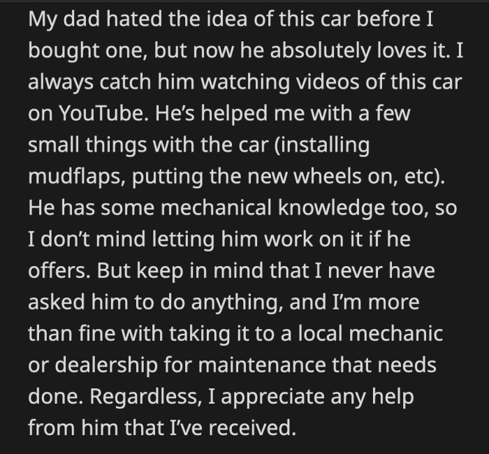 She paid for the car and its insurance; she doesn't owe her dad anything.