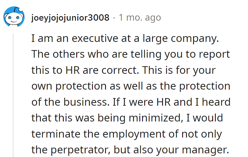 Executive tip: Report to HR. Minimize, and it's not just the culprit in hot water—manager's on the comedic chopping block.