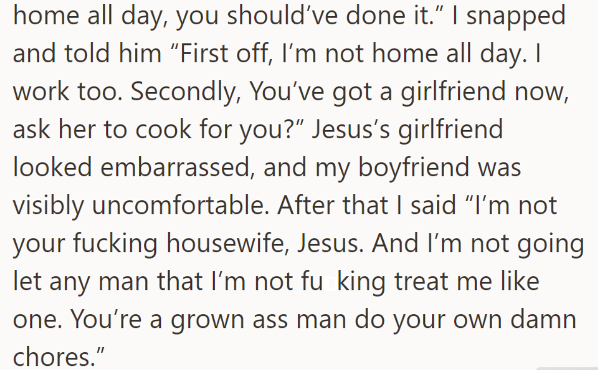 Jesus expected cleaning while he was away, leading to a heated argument about chores in front of their partners.