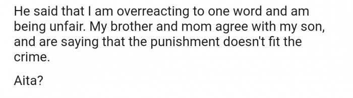 However, OP's mom and brother feel that he's overreacting and that the punishment doesn't fit the crime.