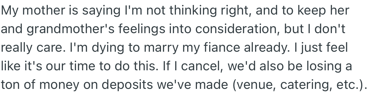 OP wants to get married to her fiancé as soon as possible and isn’t prepared to postpone the wedding over a man who wasn’t an important figure in her life
