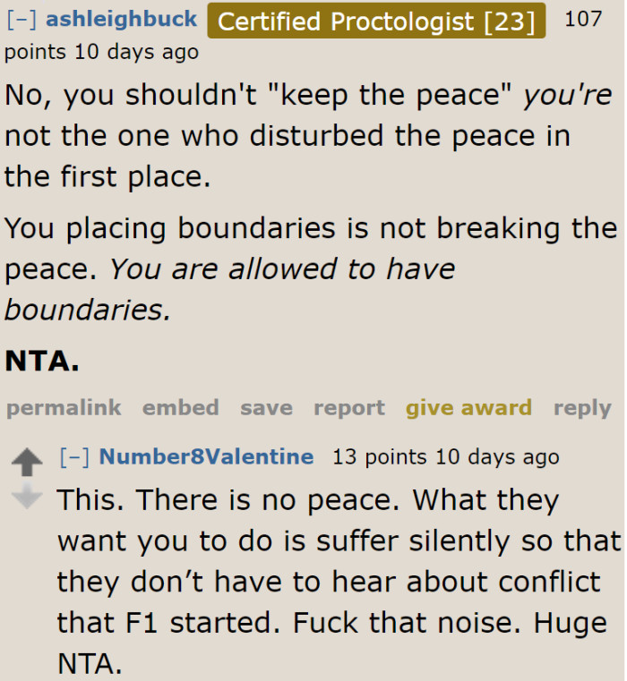 It's not about keeping the peace anymore. The OP's family needs to respect her boundaries.