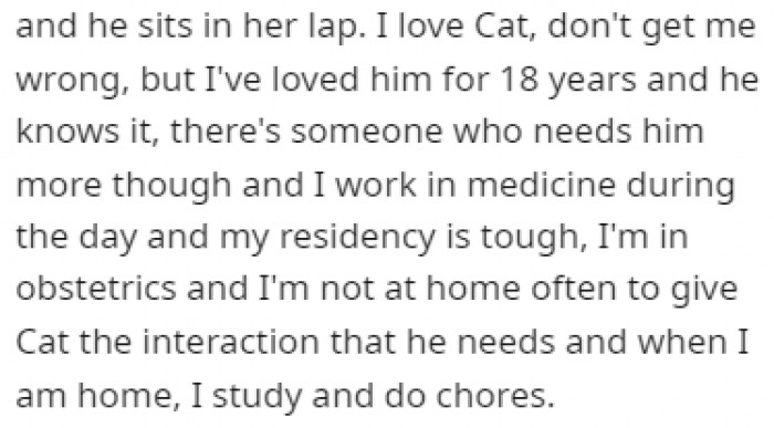 OP is super busy with their residency, so they decided to give the cat to an elderly neighbor who lives alone