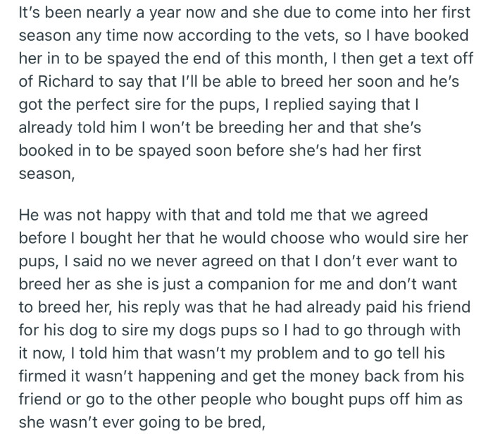 OP Wants Her Dog Spayed, but the Breeder She Got It From Wants It to Mate