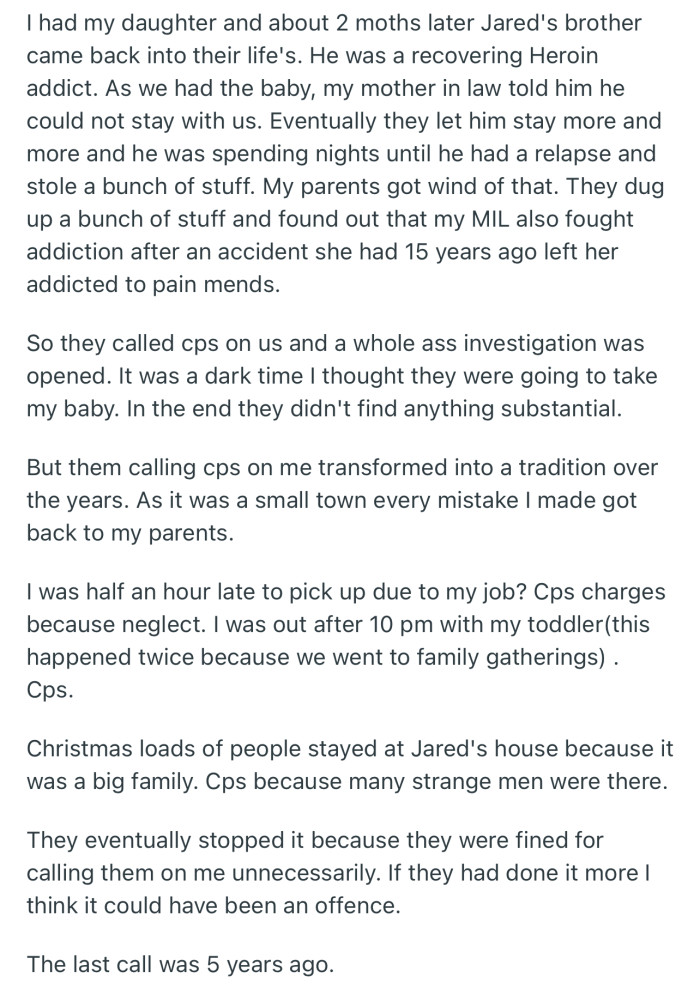 Although OP had left her parents' house, they had a habit of targeting her with Child Protective Services