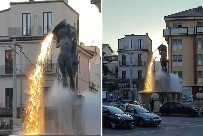 "This Fountain Was Designed To Look Like It's Pouring Lava For A Brief Time Per Day When The Sun Hits It Just Right"