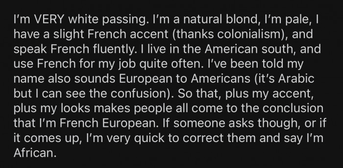 OP lives in the American South and is very “white-passing.”