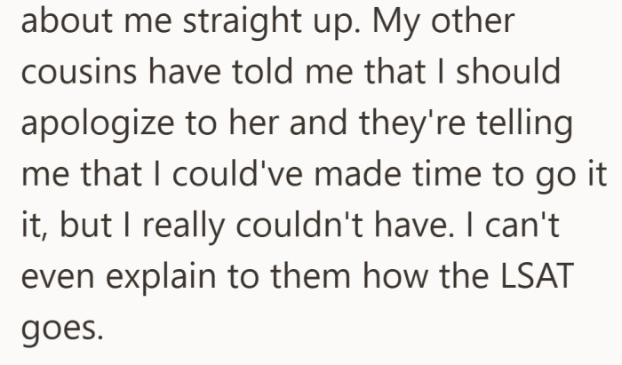 The situation left her feeling misunderstood. She did not think people grasped how serious the exam preparation was.