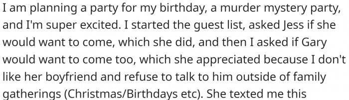 OP is planning a party for her birthday, a murder mystery party, and she is super excited