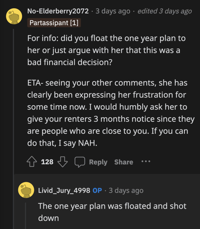 He told his wife about his idea of a compromise but she didn't consider it