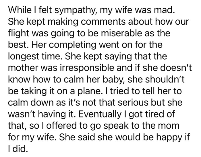 OP's wife called the mother irresponsible and kept complaining about her baby.