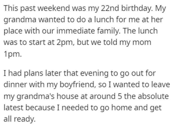 OP celebrated her 22nd birthday recently, and of course, her mother was invited