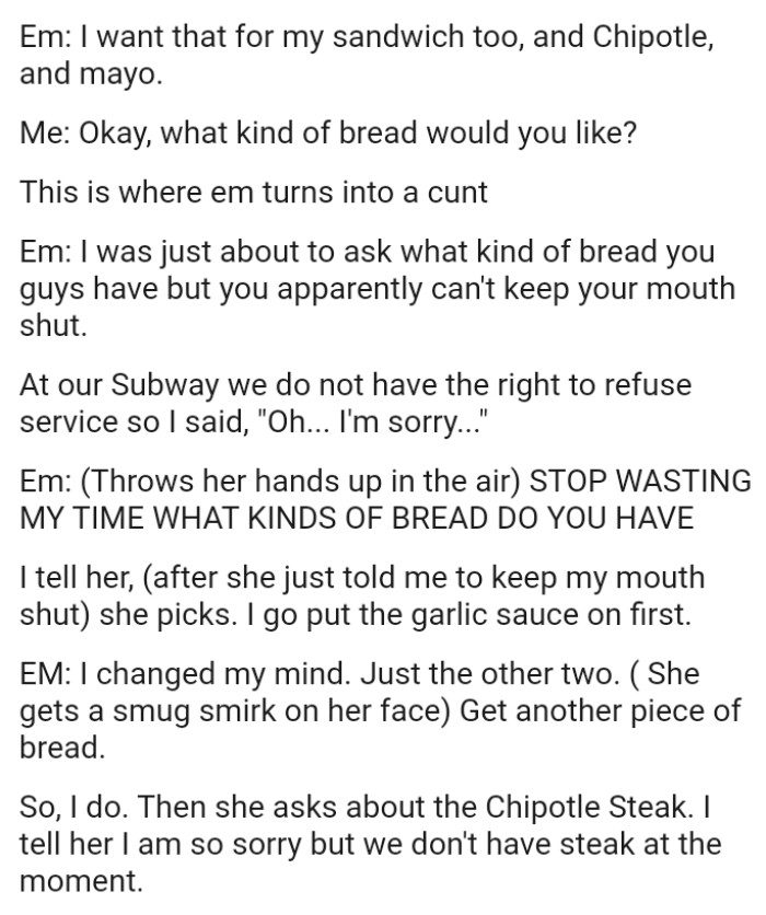 At the Subway, They Do Not Have the Right to Refuse Service