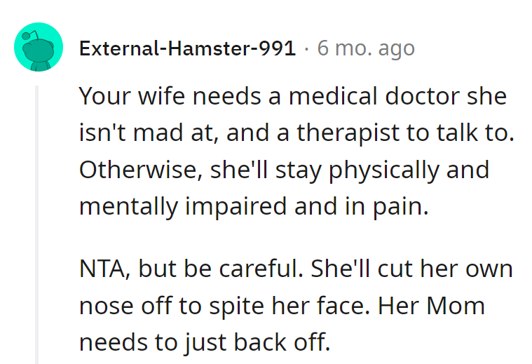 Get a doc she doesn't resent, a therapist for the face-off, and tell Mom to retreat before it's a full health battlefield.