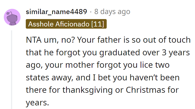 Seems like her parents need a GPS for their memory. Her diploma's been framed longer than some of their reminders.