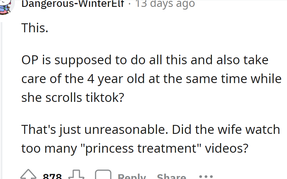 Another one said that the wife's expectations are unreasonable