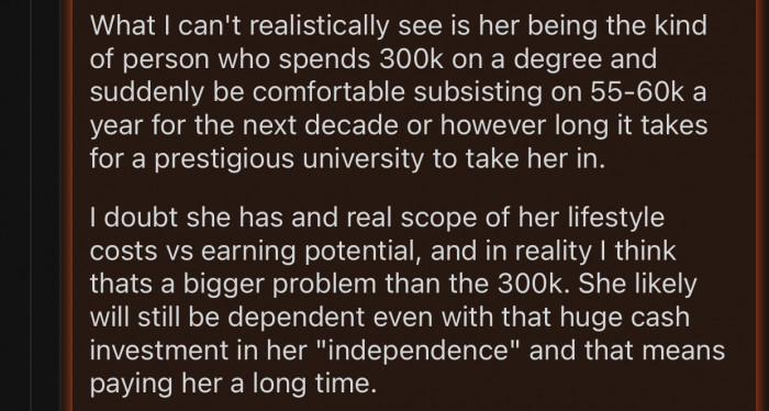 OP's daughter will likely be dependent on her old lifestyle.