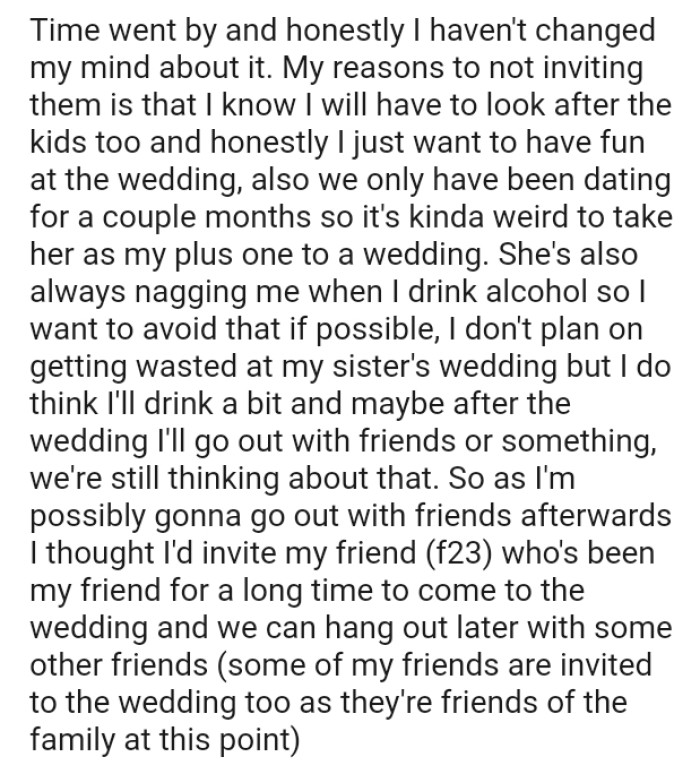 The OP doesn't plan on getting wasted at his sister's wedding