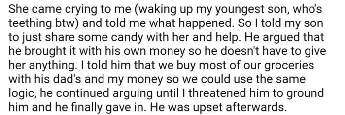 The 8-year-old ran crying to OP, who also ended up in an argument with the 17-year-old trying to convince him to share