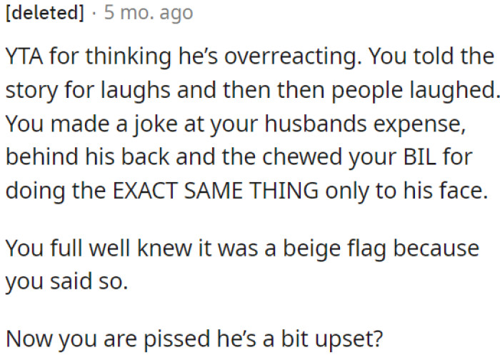 OP shared a story for laughs, made fun of his husband behind his back, and then criticized his brother-in-law for doing the same thing to his face.