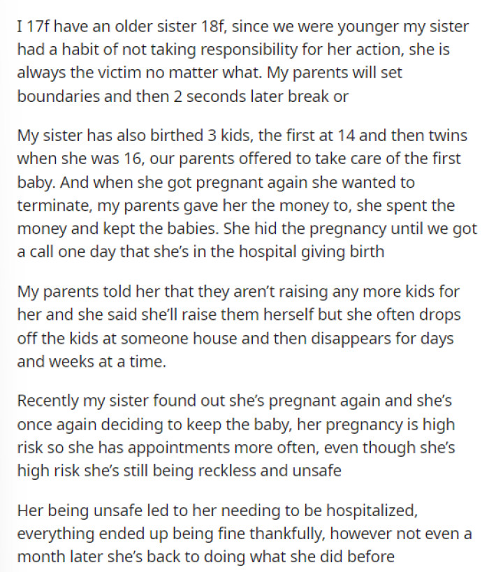 OP starts off her post by explaining the situation with her sister, which is the main reason she's unwilling to babysit her niece during this time.