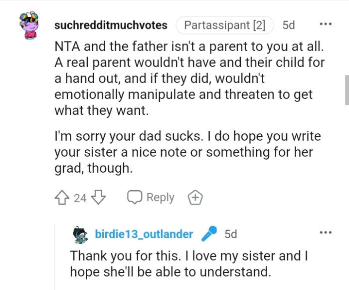 This Redditor hopes the OP writes the sister a nice note