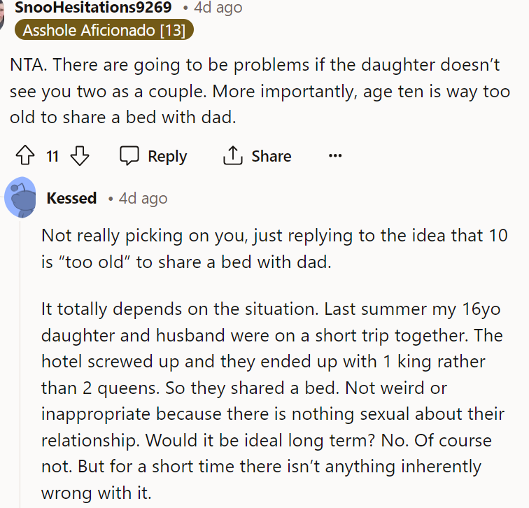 It seems like people think that the ten-year-old is too old to be sleeping with her dad and that things need to change.