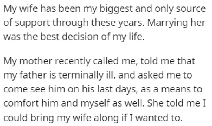 Recently, OP's mother called her, after all these years, to tell her that her father is terminally ill and that she wants her to visit him