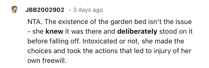 “NTA. The existence of the garden bed isn’t the issue - she knew it was there and deliberately stood on it before falling off.”