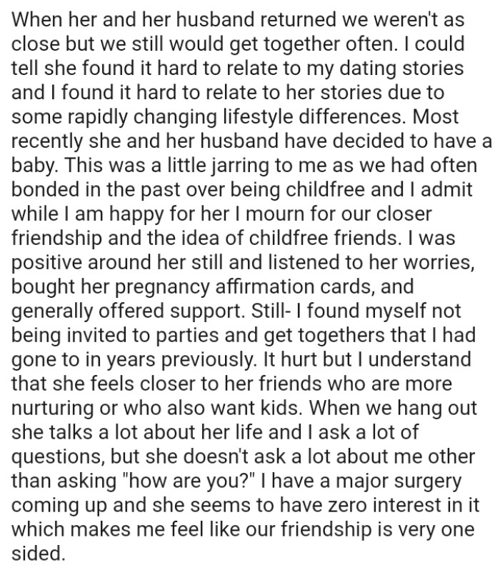 This was a little jarring to the OP as they had often bonded in the past over being childfree