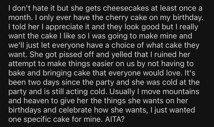 OP's wife hated the fact that her husband still wanted to bake his own cake.