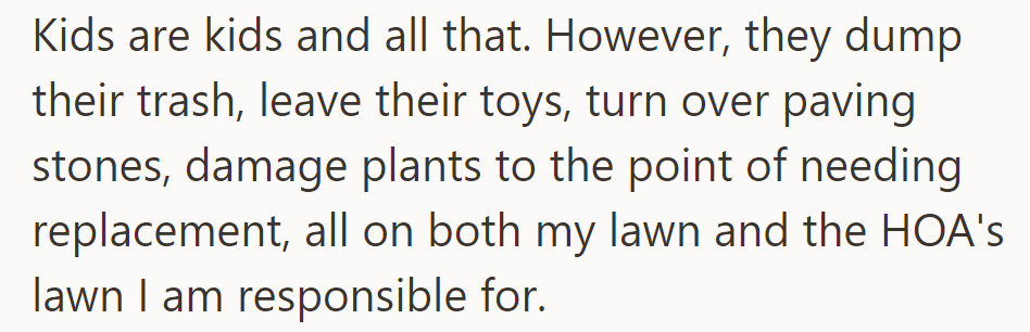 Kids cause damage and litter on both OP's and HOA's lawns.