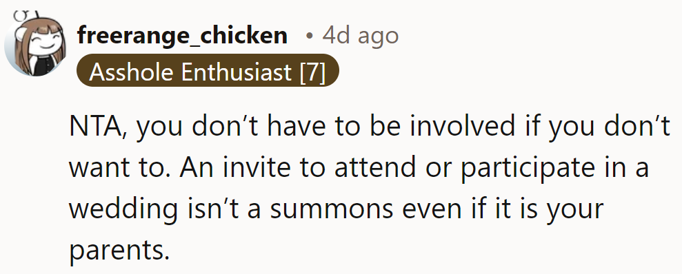 NTA. A wedding invite from parents isn't a subpoena—she can RSVP 