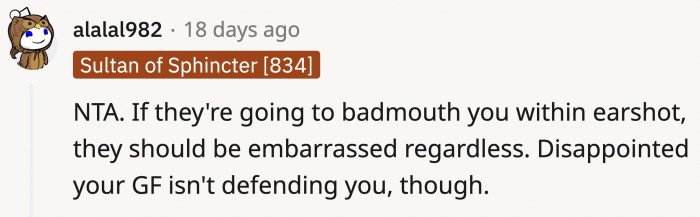 How come Lara is defending her parents in this situation? Maybe she agreed with their criticisms of OP?