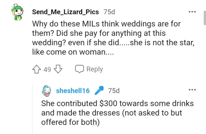 This Redditor wants to know if OP's MIL paid for anything in the wedding