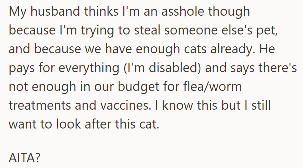 The wife opposes caring for another cat due to financial constraints and existing pets. Now they question if they are in the wrong.