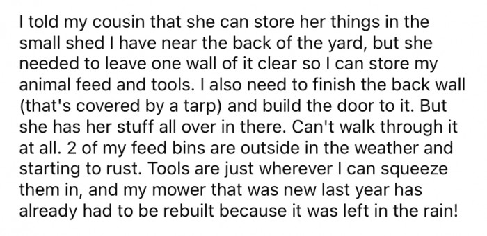 OP told her cousin that she was welcome to use the small shed for storage; however, she would need to leave one wall clear for OP to store her animal feed and tools.