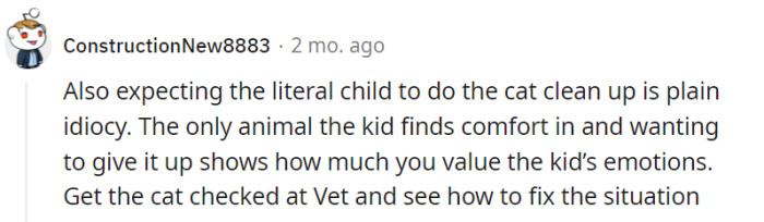 Expecting a literal child to handle cat clean-up duty sounds like a purrfect recipe for some serious kitty chaos, not to mention a questionable parenting decision.