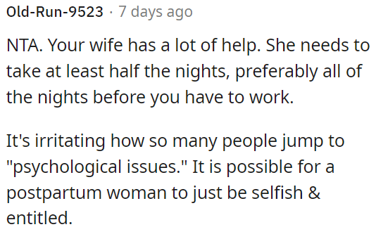 It's fair to expect OP's wife to share nighttime responsibilities equally.