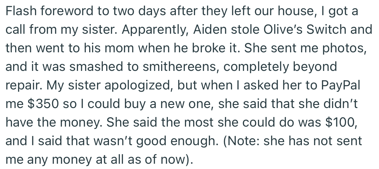 Aiden didn’t only steal Olive’s video game, but he broke it beyond repair. However, OP’s sister wasn’t willing to bear the financial cost of what her son had done