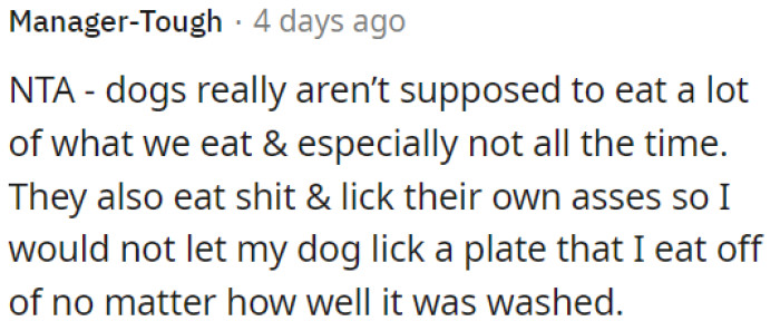Dogs shouldn't eat human food because it could be harmful to them.
